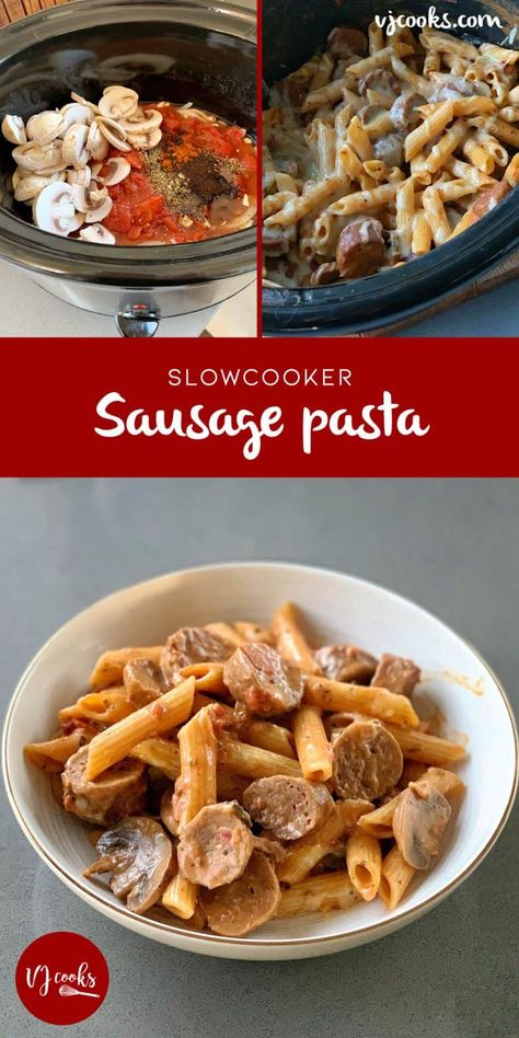 slow cooker sausage pasta Pasta In Slow Cooker, Slow Cooker Sausage Recipes, Sausage Slow Cooker, Wheat Pasta Recipes, Slow Cooker Sausage, Vj Cooks, Slow Cooker Pasta Recipes, Crockpot Pasta Recipes, Sausage Crockpot