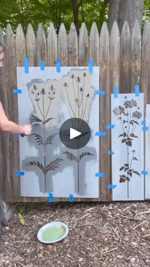 Fence Mural Ideas, Big Homecoming Mums, Mounted Shoe Rack, Wall Mounted Shoe Rack, Crafts With Glass Jars, Flower Stencils, Garden Fence Art, Stencil Wall Art, Garden Mural