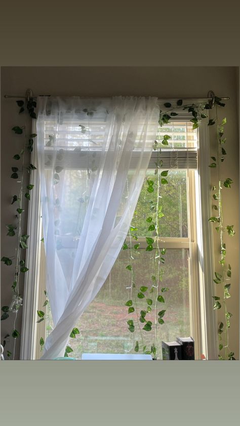 #green #ivy #window decorations # aesthetic Bedroom Window Decoration, Window Curtains Bedroom Aesthetic, Two Curtains One Window, Aesthetic Window Curtains, Vines In Bedroom Window, Bedroom Window Ideas Aesthetic, Awning Windows Bedroom, Cute Window Decor, Cute Curtains Bedroom Aesthetic