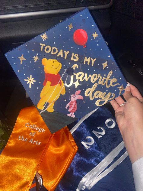 Winnie The Pooh Graduation Cap Ideas, Peanuts Graduation Cap, Grad Cap Ideas Winnie The Pooh, Graduation Cap Designs Winnie The Pooh, Pooh Graduation Cap, Winnie The Pooh Graduation Cap, Disney Graduation Cap Designs, Grad Cap Ideas Disney, Aesthetic Grad Cap