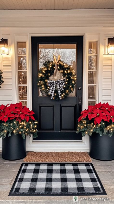 Cozy and Creative Christmas Porch Decorating Ideas on a Budget - The Garden Style Christmas Planters Outdoor, Red Christmas Decor Ideas, Porch Decor Christmas, Christmas Porch Decorating Ideas, Poinsettia Decor, Planters Outdoor, Outdoor Christmas Planters, Red Christmas Decor, Christmas Planters