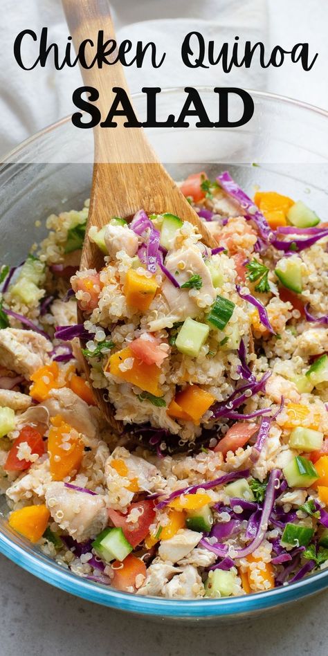 Packed with whole grains, lean protein, and a burst of vibrant veggies, Chicken Quinoa Salad is loaded with flavor. It's perfect for make-ahead meals or a delightful side dish. Create a fuss-free, nutritious masterpiece that makes healthy eating a breeze. Whether it's a light dinner, workday lunch, or a quick snack, this salad fits every occasion. Click to get this chicken salad with quinoa recipe. #quinoa #wholegrains #makeahead Quinoa Chicken Salad Recipes, Quinoa Chicken Recipes, Quinoa Salad With Chicken, Quinoa Recipes Side Dish, Quinoa Chicken Salad, Main Dish Salad Recipes, Salad With Quinoa, Recipe Quinoa, Chicken Quinoa Salad