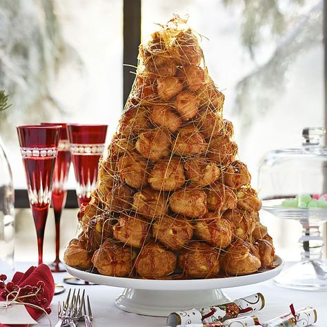 Croquembouche recipe and instructions (French Cream Puff Tower) held together with caramel and wrapped in spun sugar. Croquembouche Recipe, Silicone Baking Sheet, Cream Puffs, Eclairs, French Food, Christmas Food, Sweet Tooth, Sweet Treats, Pastry