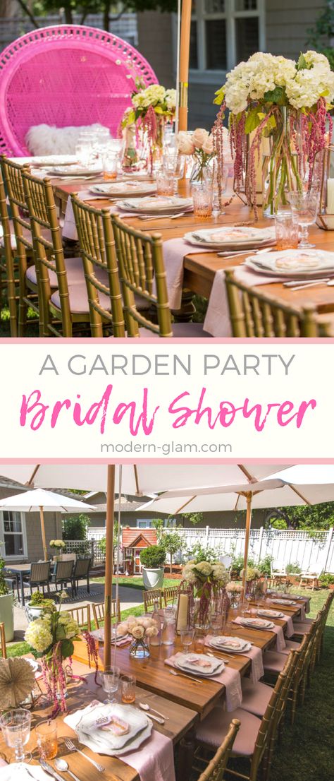 Garden Bridal Shower. A beautiful shower set in the garden. Pink Bridal Shower, Blush Tablescape. Bridal Brunch Patio Bridal Shower Ideas, At Home Bridal Shower Brunch, Table Settings For Bridal Showers, Bridal Shower Garden Theme Decorations, Bridal Brunch Decorations Table, Wedding Shower Garden Theme, Summer Garden Bridal Shower Ideas, Lake Bridal Shower Ideas, Bridal Shower Tablescape Ideas