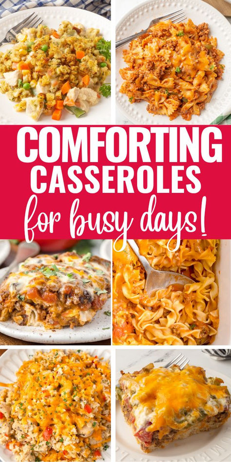 Comfort food casseroles photo collage. Friendship Casserole Recipes, Dinners That Reheat Well, Hotdish Recipes Minnesota, Casseroles That Reheat Well, Casseroles That Can Be Frozen, Cold Weather Casseroles, Frozen Casseroles Make Ahead, Best Casseroles To Take To Someone, Easy Make Ahead Casseroles