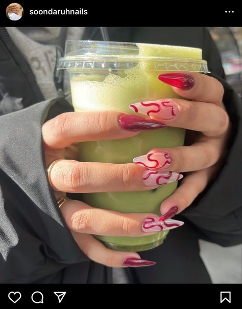 matcha latte, red nails, almond nails, gelx Coffin Squiggle Nails, Red Squiggle Nails, Pink And Red Swirl Nails, Pink Red Swirl Nails, Pink Squiggly Line Nails, Squiggle Nails, Line Nail Art, Cute Simple Nails, Lines On Nails