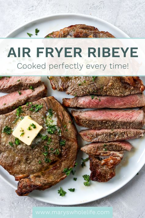 Air Fryer Ribeye Steak is fast, easy, and delicious. Perfect juicy, medium rare ribeye in your air fryer in just 10-12 minutes! Great for date night in or a quick weeknight meal. Air Fryer Ribeye Steak, Air Fryer Ribeye, Air Fry Steak, Boneless Ribeye Steak, Rib Eye Recipes, Ways To Cook Steak, Cooking Ribeye Steak, Ribeye Steak Recipes, Cook Steak