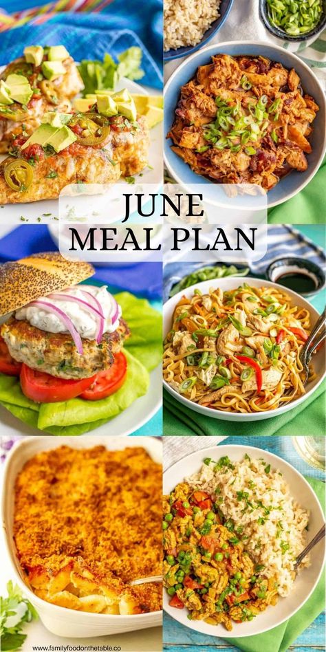 This June meal plan has a full month of ideas for easy, homemade family-friendly dinners. Includes a free printable PDF calendar with each day’s menu idea for easy planning. Simple Weekly Dinner Menu Ideas, Health Meal Plan For A Week, Dinner Plans For The Week Meal Ideas, Week Of Meals Families, June Dinner Menu Ideas, Once A Month Meals, Week Of Healthy Meals Menu Planning, Summer Menu Plan, Weekly Food Menu Ideas Healthy Recipes