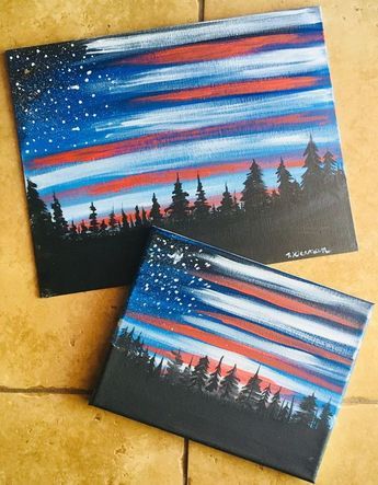 How To Paint American Flag Sky   Learn how to do this very simple yet stunning American Flag Sky with acrylic paint on canvas. You’ll learn how to do a forest skyline silhouette backed by a twilight or dawn sky and a dry brushed US flag illusion! This painting tutorial is for the absolute beginner … Continue reading "How To Paint American Flag Sky" American Flag Painting, Flag Painting, Cute Canvas Paintings, Easy Canvas Painting, Cute Canvas, Canvas Painting Diy, Hur Man Målar, 수채화 그림, Step By Step Painting