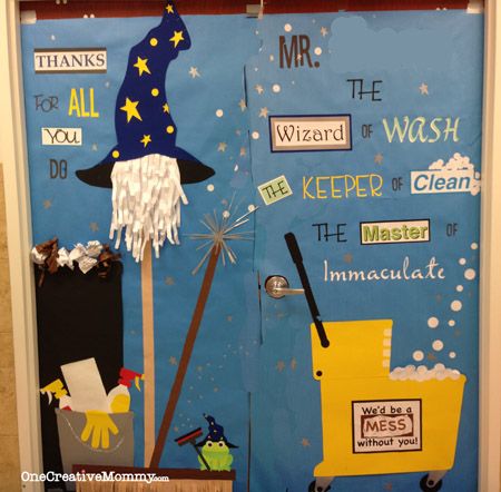 25 Teacher Appreciation Door Ideas from OneCreativeMommy.com {Janitor Cleaning Theme} Custodian Door Decoration, Teacher Appreciation Door Ideas, John Cake, Janitor Appreciation, Teacher Appreciation Breakfast, Custodian Appreciation, Teacher Appreciation Door, Pta Board, Teacher Door Decorations