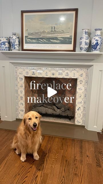 lucky peacock designs on Instagram: "This fireplace makeover took almost 6 months, but I am so happy with the outcome! 😍💙😍 Tiles were handpainted by @kvtiles   #blueandwhite #blueandwhiteforever #blueandwhitedecor #blueandwhitehome #delft #delftsblue #delfttiles #customtile #fireplace #fireplacemakeover #fireplaces #fireplacemakeover #dallas #dallastexas #interiordesign #interiorinspiration #interiorinspo" White Fireplaces Painted, Blue Mantle, Blue And White Tiles Fireplace, Wallpaper On Fireplace Wall, Painting Tile Fireplace Surround, Fireplace With Tile Surround, Fireplace Makeover Tile, Painting Ceramic Tile Fireplace, Delft Fireplace