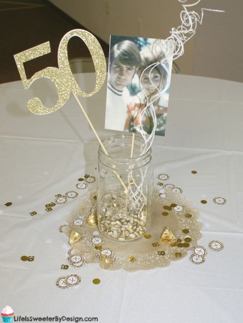 Golden Anniversary Party Ideas, 50th Anniversary Table, 50th Anniversary Centerpieces, 50th Anniversary Party Decorations, Golden Anniversary Party, Anniversary Centerpieces, 50th Birthday Centerpieces, 50th Anniversary Party Ideas, 50th Year Wedding Anniversary