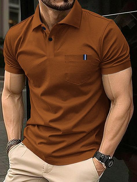 Men's Solid Color Short Sleeve Polo Shirt Brown Casual  Short Sleeve Fabric Plain  Slight Stretch Spring/Summer Men Clothing, size features are:Bust: ,Length: ,Sleeve Length: Solid Color Shirts Men, Mens Short Sleeve Button Down, Brown Polo Outfit Men, Polo Tshirt Men, Polo Outfit Men, Mens Polos, Polo Shirt Outfits, Mens Smart Casual Outfits, Polo Outfit