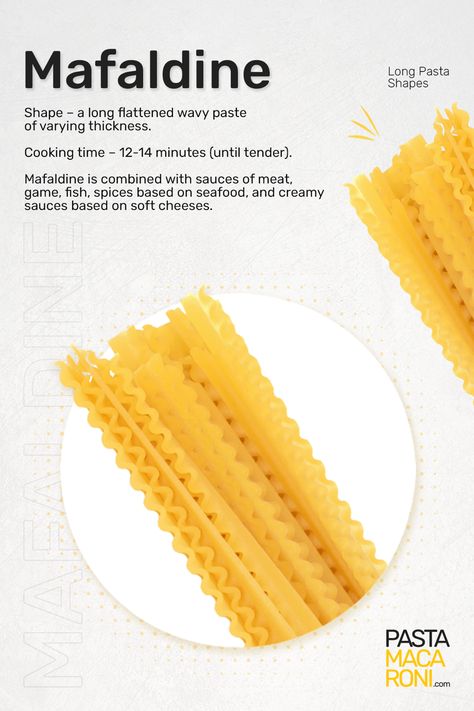 What does Mafaldine look like 📏 Pasta shape —
A long ribbon-like pasta with wavy edges. The pasta is about 14mm wide, the smooth part is 0.9 to 1mm thick, and the wavy part is about 1.3 to 1.4mm thick.

What is Mafaldine 🔍Description of the species — 
Mafaldine is a long dry pasta with distinctive wavy edges. This type of pasta was invented in Naples and was called “rich fettuccelles”. Malfadine Pasta, Mafaldine Pasta Recipes, Mafaldine Pasta, Italian Rehearsal Dinner, Pasta Guide, Recipes With Shrimp, Long Pasta, Type Of Pasta, Dry Pasta