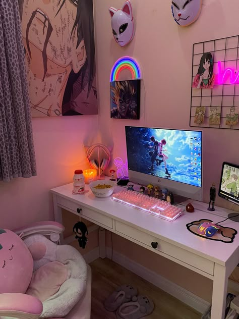 Vanity Gaming Desk, Vanity And Gaming Setup, Vanity Setup, Dream Setup, Game Aesthetic, Room Inspired, Computer Set, Desk Setups, Pc Gaming Setup