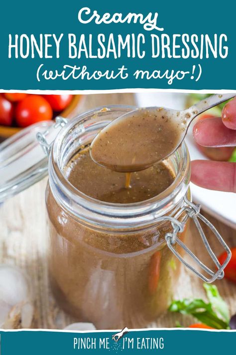 This homemade honey balsamic dressing uses the power of emulsification to achieve a thick, creamy result without using mayo. This sweet and tangy vinaigrette will stay creamy in the fridge for days with just a little shake to recombine any separated ingredients. Best of all, it's ready in only 5 minutes! Balsamic Vinegarette, Homemade Balsamic Dressing, Creamy Balsamic Vinaigrette, Balsamic Dressing Recipe, Honey Balsamic Dressing, Creamy Balsamic Dressing, Creamy Honey, Vinegar Salad Dressing, Salad With Balsamic Dressing