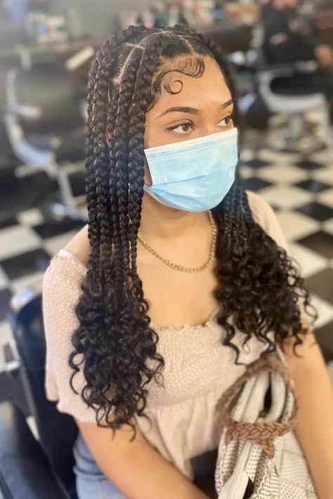 Short Box Braids With Curls, Short Box Braid Hairstyles, Short Box Braids With Beads, Braid With Curly Ends, Short Box Braid, Box Braids With Beads, Coi Leray Braids, Jumbo Knotless, Coi Leray