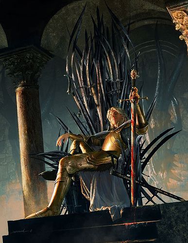 Jaime Lannister sitting on the Iron Throne, the blood of the Mad King still on his blade    By Michael Komarck for The Art of George R. R. Martin's A Song of Ice and Fire Lannister Art, Jamie Lannister, Minimalist Theme, Game Of Thrones Series, Game Of Thrones Books, Asoiaf Art, Jaime Lannister, Cersei Lannister, Gra O Tron