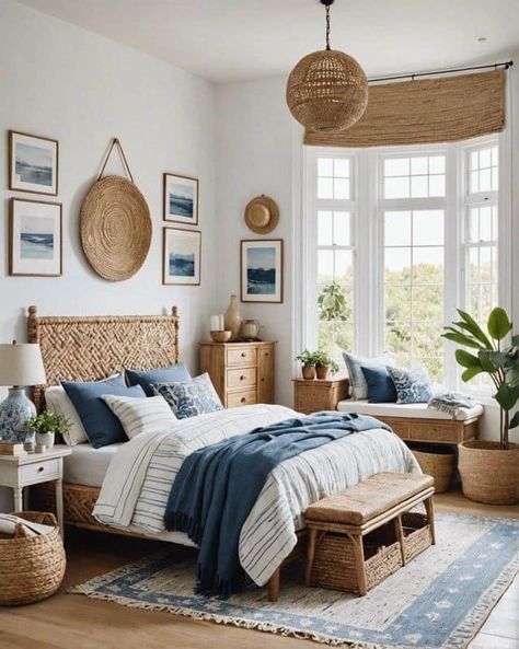 Greek Blue Bedroom, Navy Wood Bedroom, Blue Inspired Bedroom, Blue And White Boho Bedroom, Apartment Decorating Blue, Boho Blue Bedroom, Boho Bedroom Blue, Theme Bedroom Ideas, Blue Boho Bedroom