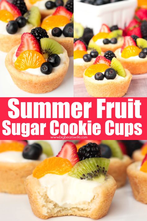 Fruit Pizza Cookie Cups - Summer Fruit Sugar Cookie Cups - Homemade sugar cookie cookie cups filled with a cream cheese filling and topped with fresh summer fruit. These Summer Fruit Sugar Cookie Cups are perfect for cookouts and weekend picnics. This dessert is like a fruit pizza stuffed into a sugar cookie cup! via @bigbearswife Fruit Pizza Cups, Fruit Pizza Cookies, Sugar Cookie Pizza, Fruit Sugar Cookies, Mini Fruit Pizzas, Pizza Sugar Cookie, Sugar Cookie Cups, Fruit Sugar, Cookie Cups Recipe