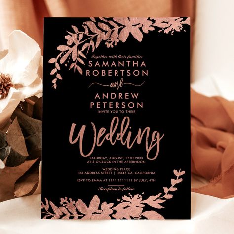 Rose Gold typography floral black chic wedding Invitation Rose Gold And Black Wedding Theme, Rose Gold Wedding Invitations, Rose Gold Invitations, Chic Wedding Invitations, Navy Blue Wedding Invitations, Gold Typography, Rose Wedding Invitations, November Wedding, Green Wedding Invitations