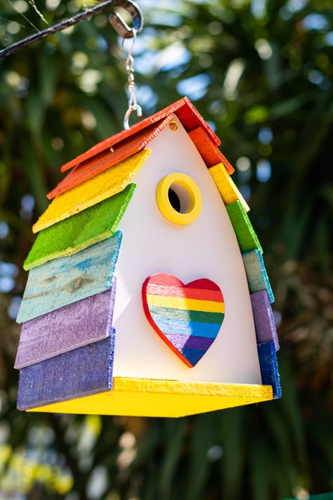 Diy Bird House Painting Ideas, Cute Bird House Painting Ideas Easy, Diy Birdhouse Painting Ideas, Painted Bird Houses Ideas Diy, Rainbow Birdhouse, Bird Houses Diy Painted, Whimsical Bird Houses, Birdhouse Painting, Birdhouse Projects