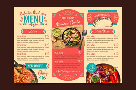 Taco Bueno, Booklet Design Layout, Mexican Food Menu, Tacos Menu, Taco Meal, Brochure Food, Mexican Menu, Menu Food, Restaurant Menu Template