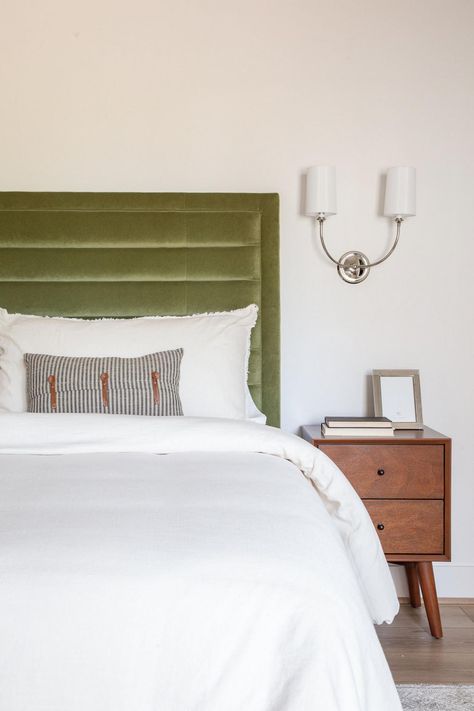 The olive green velvet headboard in this bedroom is a stunner. Don't miss a peek at HGTV.com. Green Velvet Headboard, Green Headboard, Velvet Bedroom, Olive Green Velvet, Velvet Room, Moore House, Blue Dining Chair, Point Blank, Mid Century Modern Bedroom