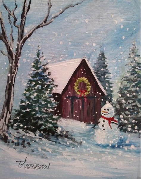 Just finished my new painting early for the Holidays. "Country Christmas" an 8 x 10 acrylic on canvas panel. 5 x 7 greeting cards will be made with this painting. Christmas Painting Acrylic, 8x10 Canvas Painting Ideas, Christmas Canvas Paintings, Snowman Paintings, Winter Paintings, Painted Pictures, Painted Christmas Cards, Sunset Canvas Painting, Barn Pictures