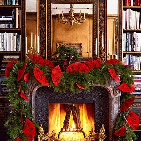 Noble Fir Tree: Architectural Digest Chinese Christmas, Sparkling Candle, Chinoiserie Christmas, Holiday Mantel, Christmas In The City, Christmas Fireplace Decor, Christmas Mantel Decorations, Christmas Mantle, Christmas Fireplace