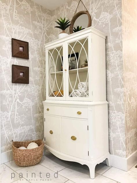 Pretty Bathroom Storage Ideas Plus Our Master Bath Reveal! Pretty Bathroom Storage, Antique Bathroom Cabinet, Repurposed China Cabinet, Pretty Bathroom, Bathroom Organizing, Antique Bathroom, Bathroom Storage Ideas, Pretty Storage, Farmhouse White