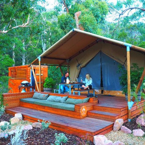 Tent Home, Tent Platform, Tented Camp, Tent Ideas, Tent Living, Tent House, Wall Tent, Glamping Tents, Glamping Ideas