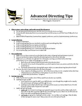 Need a little help directing a play or maybe you have been assigned to direct a play for the first time and you don't know where to start?    Maybe you're an experienced director that could use a few new tricks in your toolbox.  I have compiled an 8 page how to and tips guide for beginning and experience directors.  I created this document for a workshop I did for theatre teachers and directors a few years ago at the  Texas Educational Theatre Association convention.  Just this year I used it wi Directing Tips, Filmmaking Tips For Beginners, Theater Audition, Theatre Audition Tips, Tips For Auditioning For A Musical, Directing Theatre, Theatre Tips Acting, Theatre Terms, Film Tips