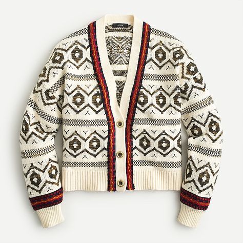 J.Crew: Diamond Fair Isle Cardigan Sweater For Women Diamond Clothes, Boxy Cardigan, Lightweight Open Front Cardigan, Puff Sleeve Cardigan, Shetland Islands, Fair Isle Cardigan, Merino Wool Cardigan, Sweater For Women, Cardigan Sweaters For Women