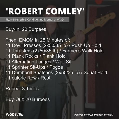 "Robert Comley" Workout, CrossFit WOD | WODwell - Buy-In: 20 Burpees; Then, EMOM in 28 Minutes of:; 11 Devil Presses (2x50/35 lb) / Push-Up Hold; 11 Thrusters (2x50/35 lb) / Farmer's Walk Hold; 11 Plank Rocks / Plank Hold; 11 Alternating Lunges / Wall Sit; 11 Sprinter Sit-Ups / Pogos; 11 Dumbbell Snatches (2x50/35 lb) / Squat Hold; 11 calorie Row / Rest; Repeat 3 Times; Buy-Out: 20 Burpees Alternating Lunges, Crossfit Endurance, 25 Minute Workout, Wods Crossfit, Crossfit Workouts Wod, Emom Workout, Crossfit Body, Wall Sit, Crossfit Workouts At Home