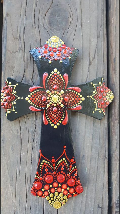 Cross Mandala Art, Mandala Dot Painted Cross, Dot Painting Crosses, Dot Painted Crosses, Painted Wooden Crosses Diy, Cross Dot Painting, Painted Crosses On Wood, Cross Painting Ideas, Cross Mandala