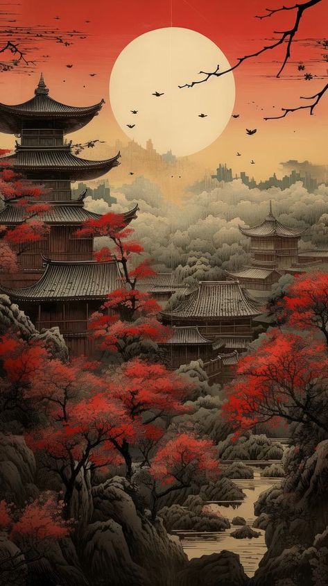 Japanese wood block print illustration of japanese village architecture tradition landscape. | premium image by rawpixel.com / Ing Village Architecture, Minimalist Anime, Japanese Village, Japanese Pagoda, Samurai Artwork, Chinese Art Painting, Japanese Art Prints, Cherry Blossom Art, Japanese Artwork