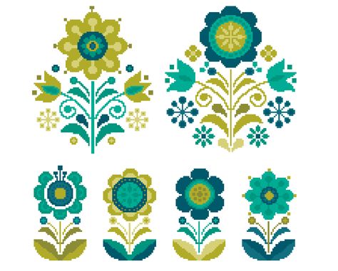 FREE CROSS STITCH PATTERN – Retro Folk Art Flowers – PDF chart by Vivsters 101 Contemporary Cross, Monogram Cross Stitch, Stitch Witchery, Polish Folk Art, Cross Stitch Geometric, Folk Art Flowers, Flower Collection, Cross Stitch Patterns Flowers, Cross Stitch Heart