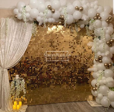 Sequin Walls & Backdrops on Instagram: “A beautiful setup to say their “I Dos”.. with the always and forever collab @heliumhaven. We loved working with our client to create this…” Gold Shimmer Wall With Balloons, Gold Foil Backdrop, Mom Prom, 40th Birthday Favors, 18th Party Ideas, Prom Backdrops, Shimmer Wall Backdrop, Birthday Glam, Glitter Backdrop