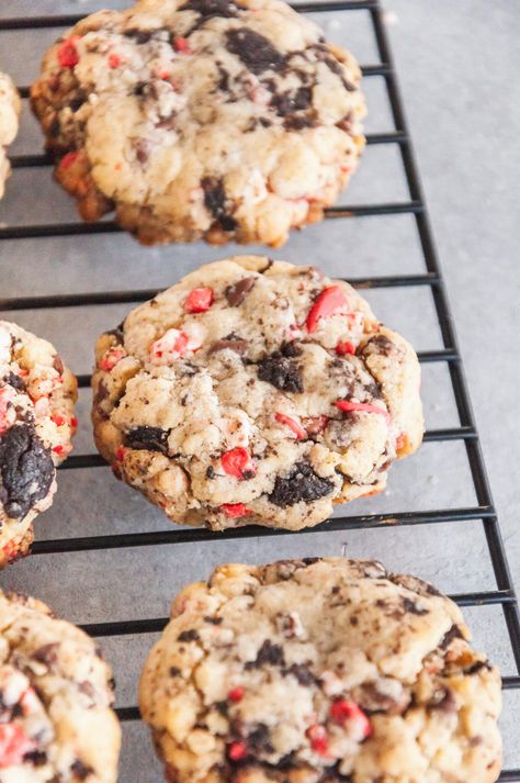 Peppermint Oreo Chocolate Chip Cookies | Made It. Ate It. Loved It. Peppermint Oreo Chocolate Chip Cookies, Christmas Peppermint Oreo Cookies, Oreo Holiday Cookies, Oreo Peppermint Crunch Cookies, Christmas Cookies With Oreos, Oreo Peppermint Cookies, Peppermint Chip Recipes, Peppermint Oreo Cookies, Peppermint Chip Cookies