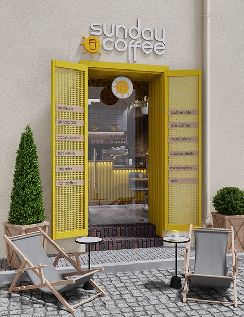 Yellow Cafe Interior, Yellow Coffee Shop, Interior Design Yellow, Coffee Shop Interior, Coffee Shop Concept, Cafe Exterior, Small Coffee Shop, Sunday Coffee, Coffee Shop Interior Design