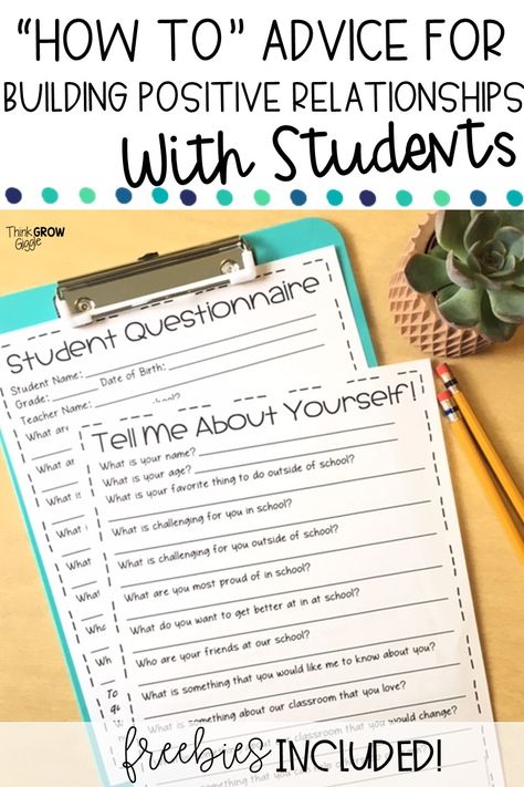 Teachers, are you looking to start the school year by building positive relationships with your students? Get to know each of your new kids by getting to know they academically and personally. By doing so you will create a positive relationship and  classroom community that will help classroom management. Read this article with tips, tricks, and ideas to implement to help you build strong relationships with the children in your classroom. Click to read more and scoop up FREEBIES! How To Build Relationships With Students, Relationship Building Activities Student, Peer Mentoring Activities, Building Thinking Classrooms, Building Relationships With Students, Peer Counseling, Advisory Activities, Teacher Goals, Kindness Club