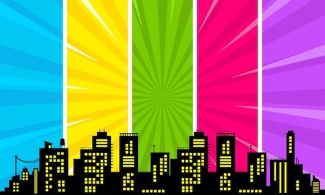 Comic Background Landscape, Super Hero Background, Comic Background, Pop Art Background, City Silhouette, Comic Cartoon, Frame Ideas, Pop Art Comic, Art Comic