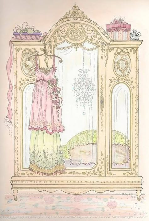 Mirror Armoire, Mirror Illustration, Pink Mascara, Romantic Decor, Vintage Couture, Rose Art, Girly Art, Paper Doll, Fashion Illustrations