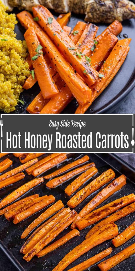 Sweet And Spicy Carrots, Roasted Carrotts, Baked Carrots Recipe, Honey Glazed Carrots Recipe, Honey Glazed Roasted Carrots, Hot Honey Recipe, Honey Carrots, Carrot Recipe, Glazed Carrots Recipe