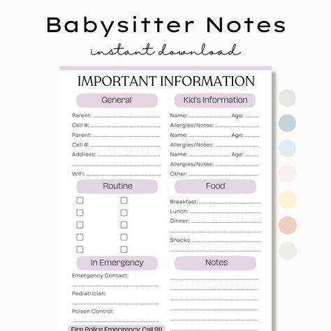 Babysitter Information Sheet, Nanny Binder, Babysitter Printable, Babysitter Notes, Emergency Contact List, Parenting Printables, Newborn Birth, Emergency Binder, Baby Birth Stats