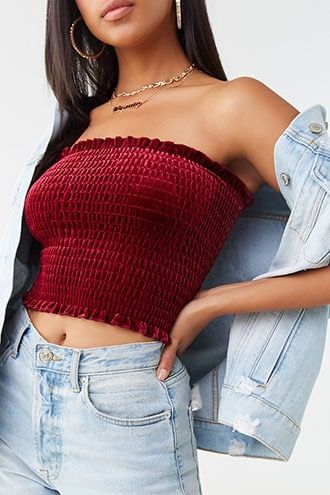 Forever 21 Velvet Smocked Tube Top , Berry 7.50 USD Womens Joggers Outfit, Top Outfit Ideas, Tube Top Outfits, Velvet Knit, Smocked Tube Top, Wardrobe Wishlist, Outfit Ideas For Women, Top Outfit, Velvet Top