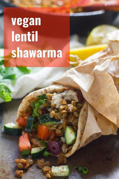 Lentils are quickly cooked up with spices and stuffed into pita bread with zesty salad and tahini sauce to make these mouth-watering vegan shawarma wraps. Perfect for an easy vegetarian dinner or a healthy make-ahead lunch! #veganrecipes #lentils #healthyrecipes #lunch #shawarma #meatlessmonday Vegan Diner, Lentil Recipes Easy, Zesty Salad, Pita Recipes, Vegan Lentil, Vegan Lunch Recipes, Vegetarian Sandwich, Vegan Sandwich, Lentil Recipes