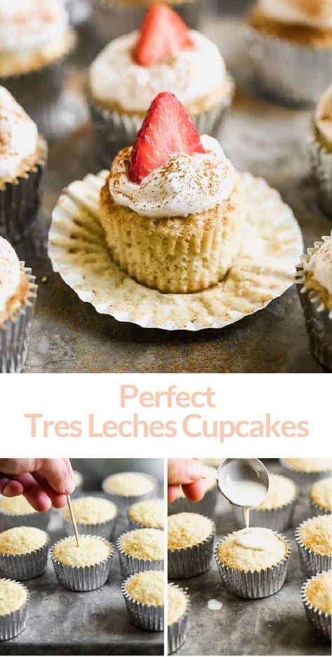 These perfect Tres Leches Cupcakes are lightly soaked in a three milk mixture and topped with whipped cream and a sprinkle of cinnamon. One of our favorite Mexican dessert recipes! Tres Leches Cake Recipe Authentic, Tres Leches Cupcakes, Latin Desserts, Mini Cake Recipe, Spanish Desserts, Tastes Better From Scratch, Catering Desserts, Mexican Dessert Recipes, Mexican Dessert