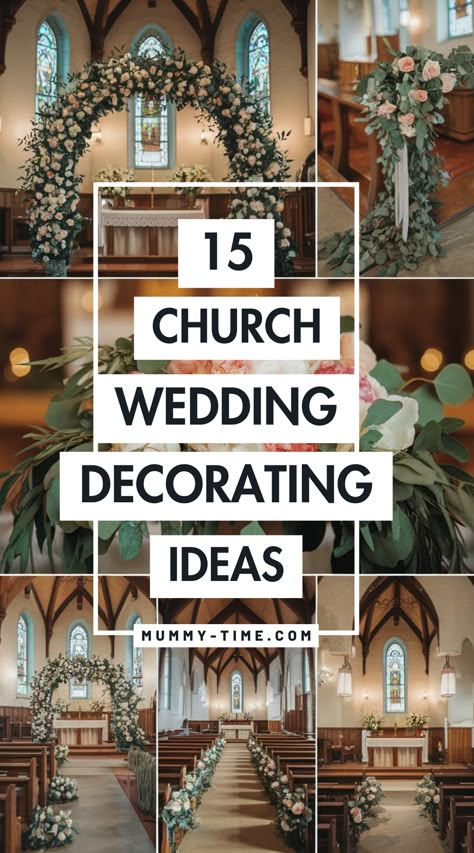 Discover gorgeous church wedding decoration ideas that will make your day unforgettable! Our article explores various themes and styles to suit every couple. ✨🌿 Let your love shine with thoughtful decor. Save this pin for your wedding planning journey! Boho Pew Markers, Small Chapel Decorations Wedding, Decorate Pews For Wedding, Chapel Door Wedding Decor, Wedding Arbor Ideas Indoor, Pew Florals Wedding, Chair Aisle Decor Wedding, Eucalyptus Pew Ends, Church Wedding Decorations Alter Floral Arrangements